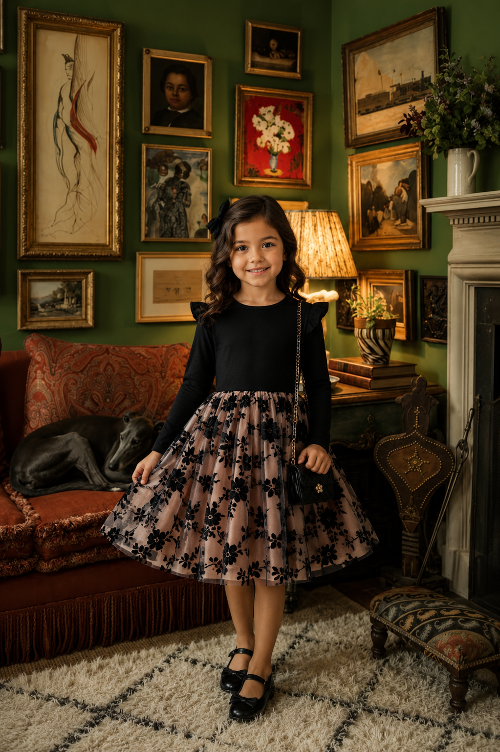 Black and Champagne Floral Long Sleeve Dress #1000346