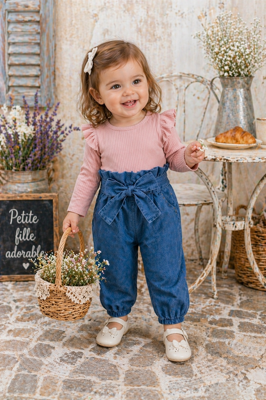 Ribbed Pink Long Sleeve Romper and Bowknot Denims #10006