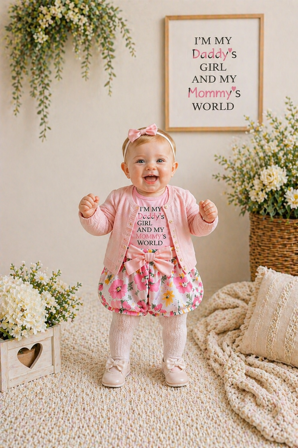 Daddy's Girl Mommy's World Pink Ruffle Romper with Floral Bloomer and Headband #1000874