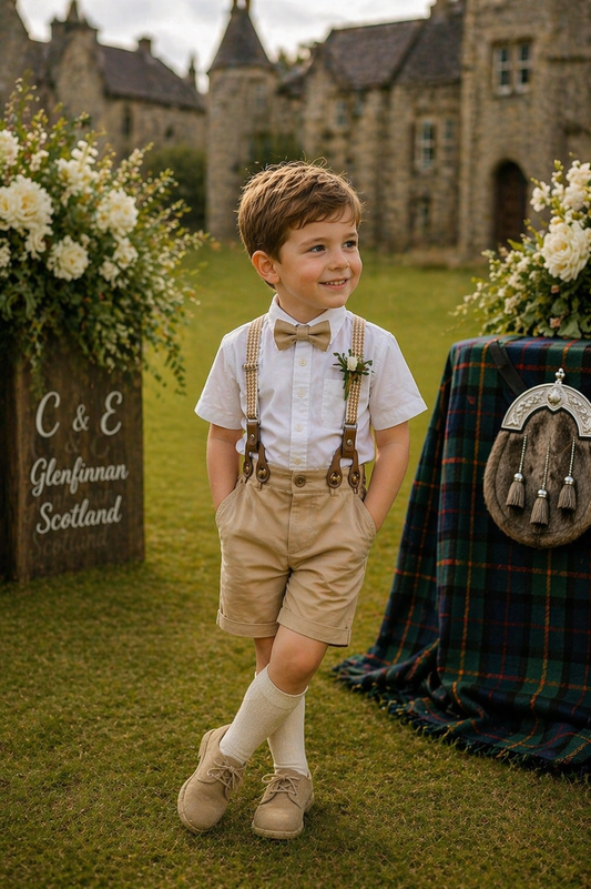 Gentleman Suit White Shirt, Chino Pants, Suspenders and Bowtie #2000105