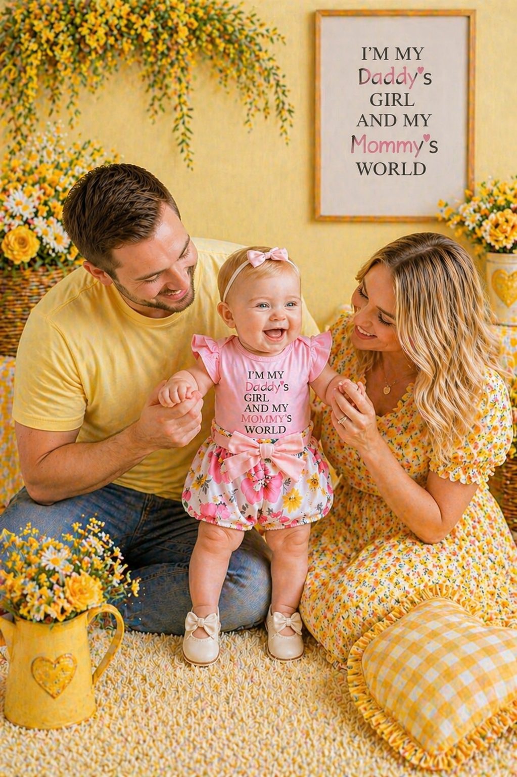 Daddy's Girl Mommy's World Pink Ruffle Romper with Floral Bloomer and Headband #1000874