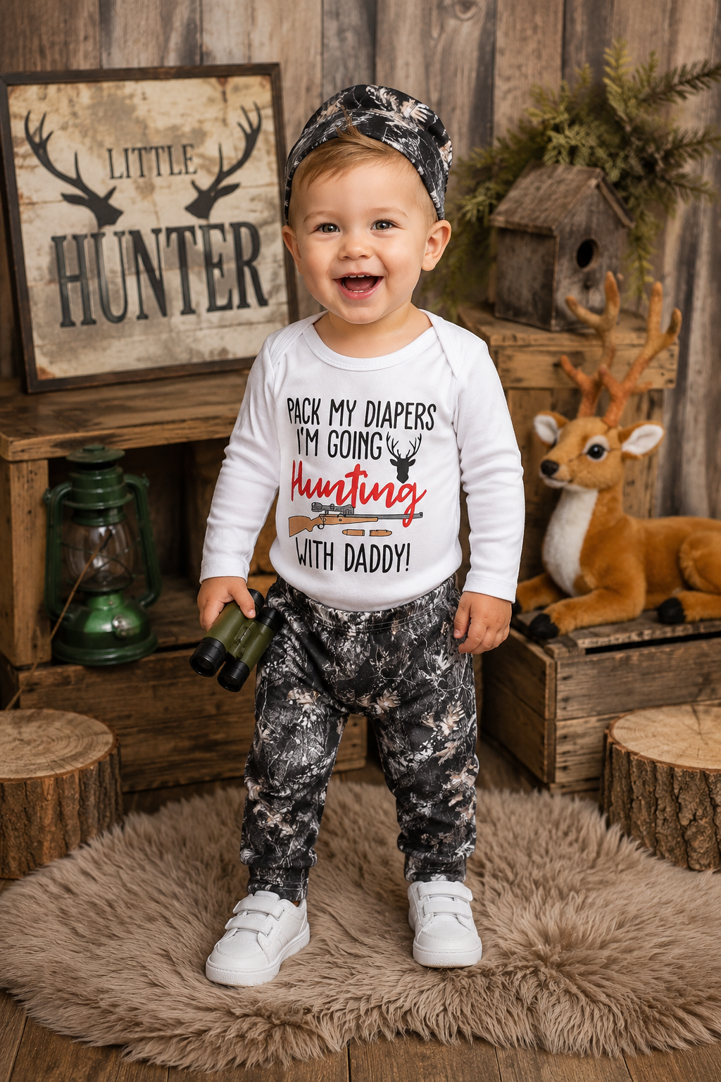Pack My Dipers I'm Going Hunting With Daddy Romper,  Pants and Bennie  #2000169