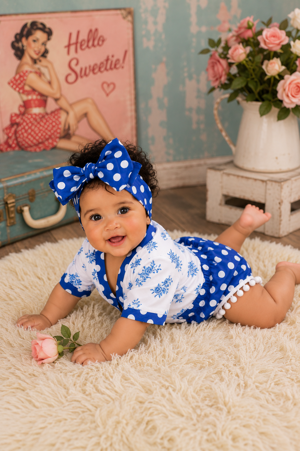 Royal Blue Floral Kimono with Bloomer and Headband #1000659