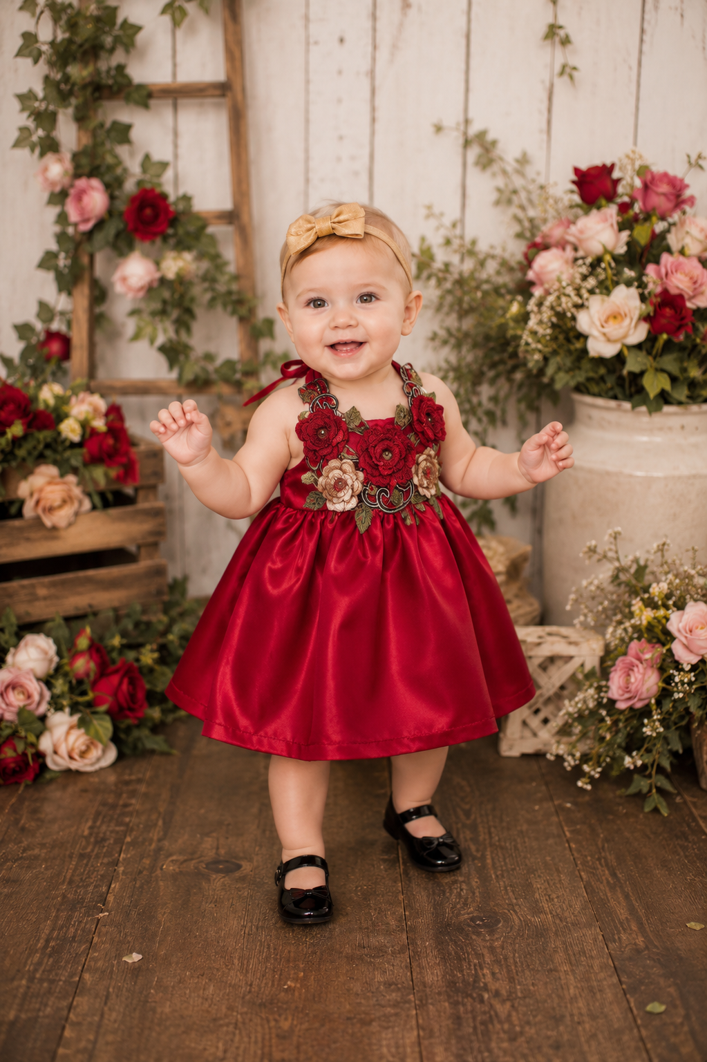 Red Silk Boho Rose Dress #1000373