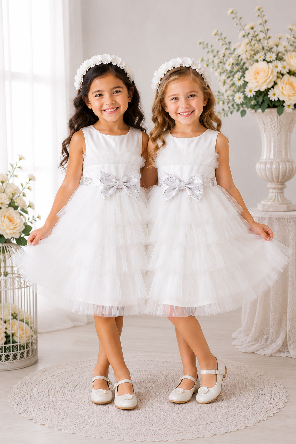 White Special Occasions Dress with Silver Sequins Bow #1000306