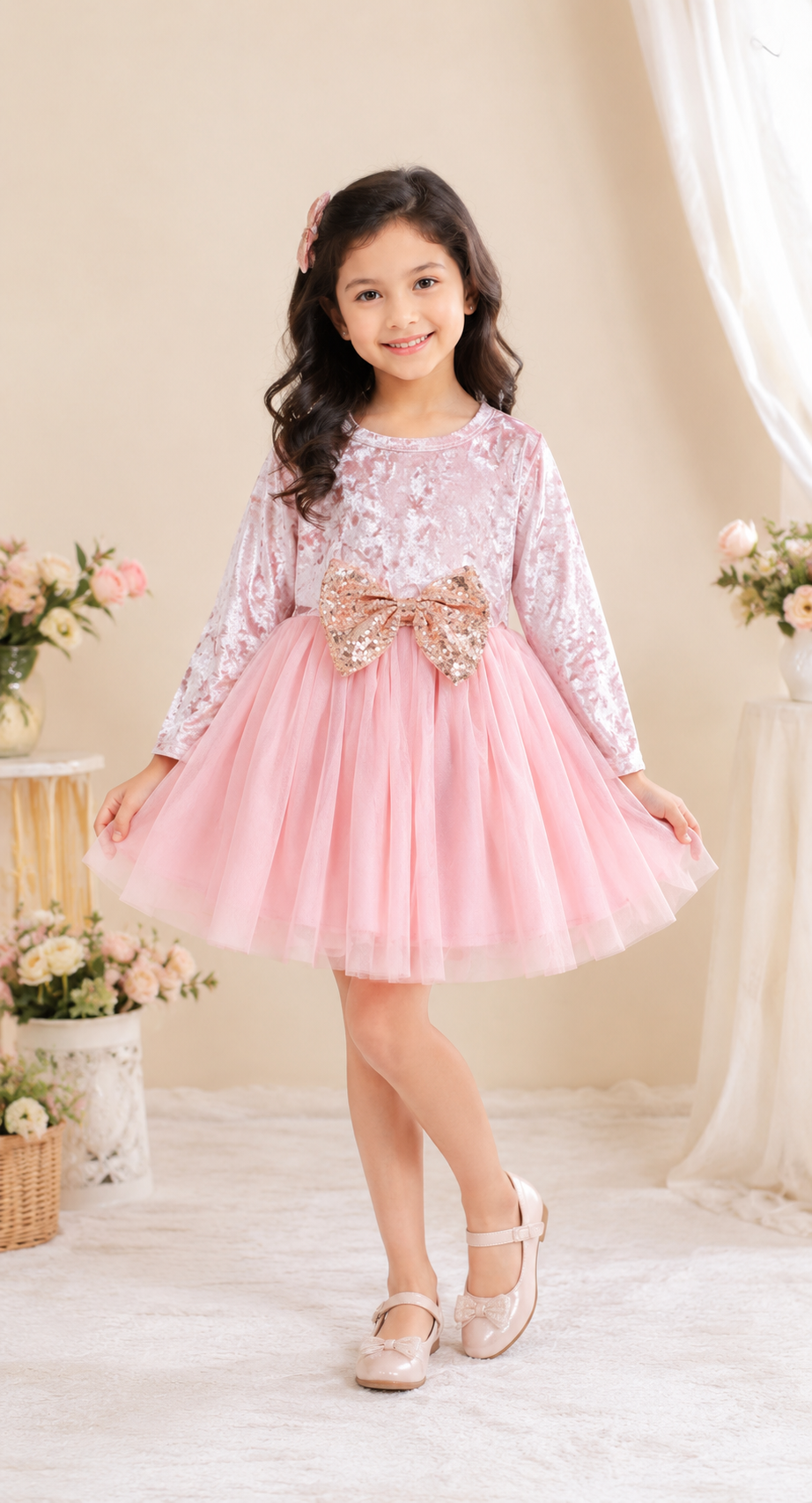 Pink Velvet and Mesh long Sleeve Dress #10020041
