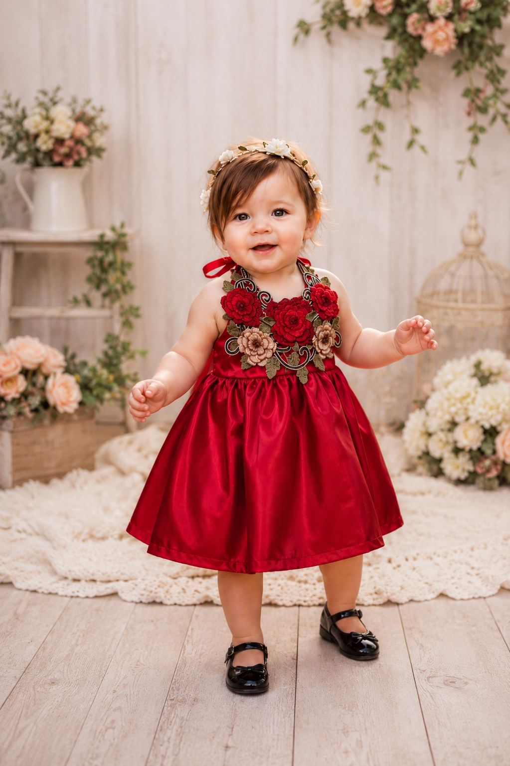 Red Silk Boho Rose Dress #1000373