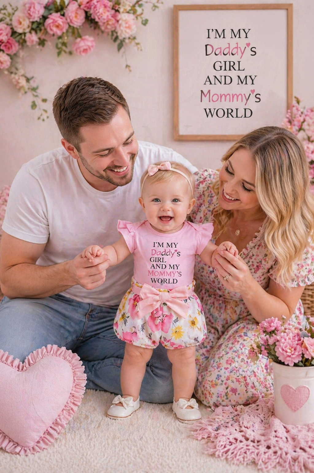 Daddy's Girl Mommy's World Pink Ruffle Romper with Floral Bloomer and Headband #1000874