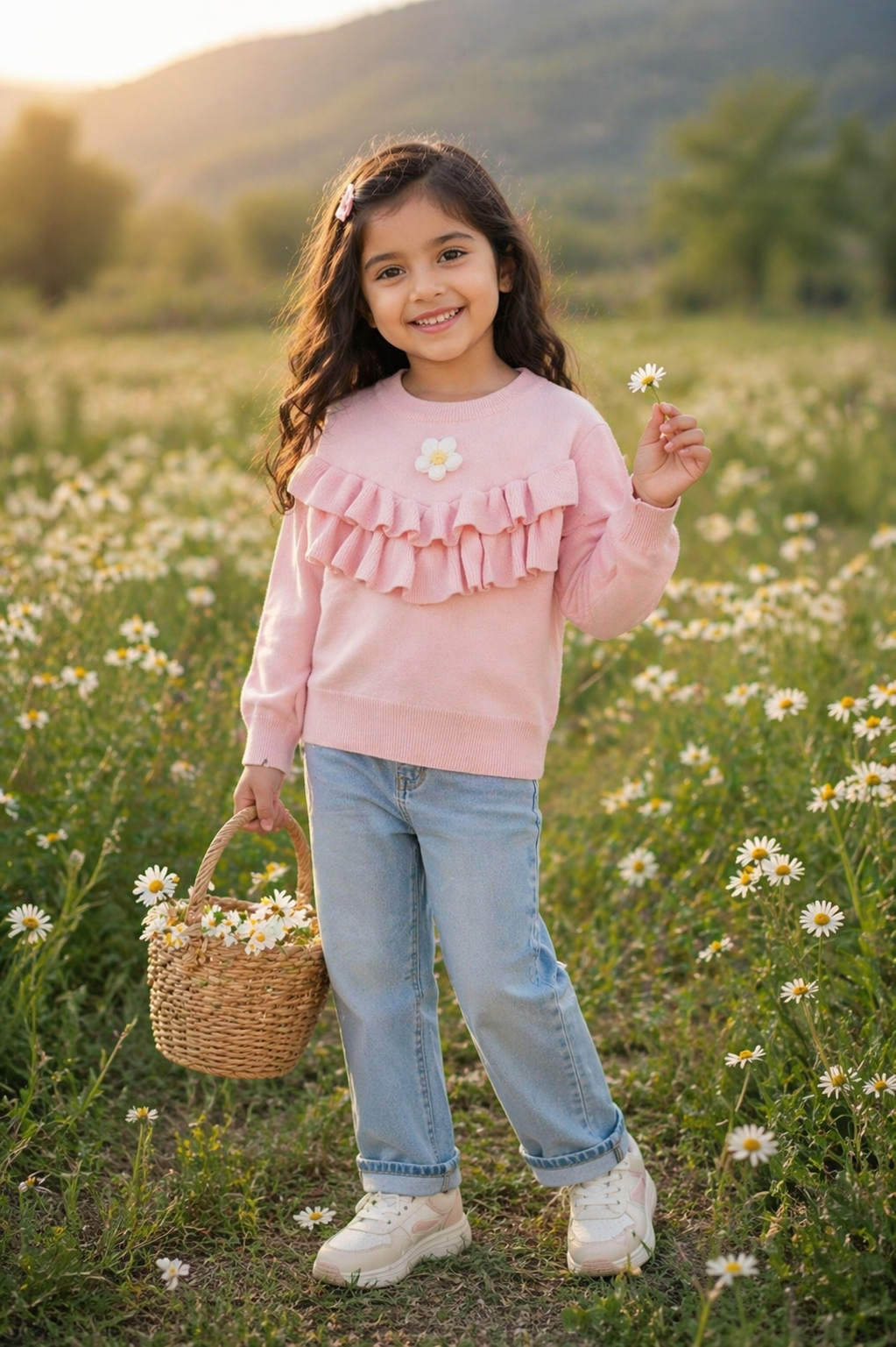 Pink Ruffle Trim Sweater with Floral Detail #1000230