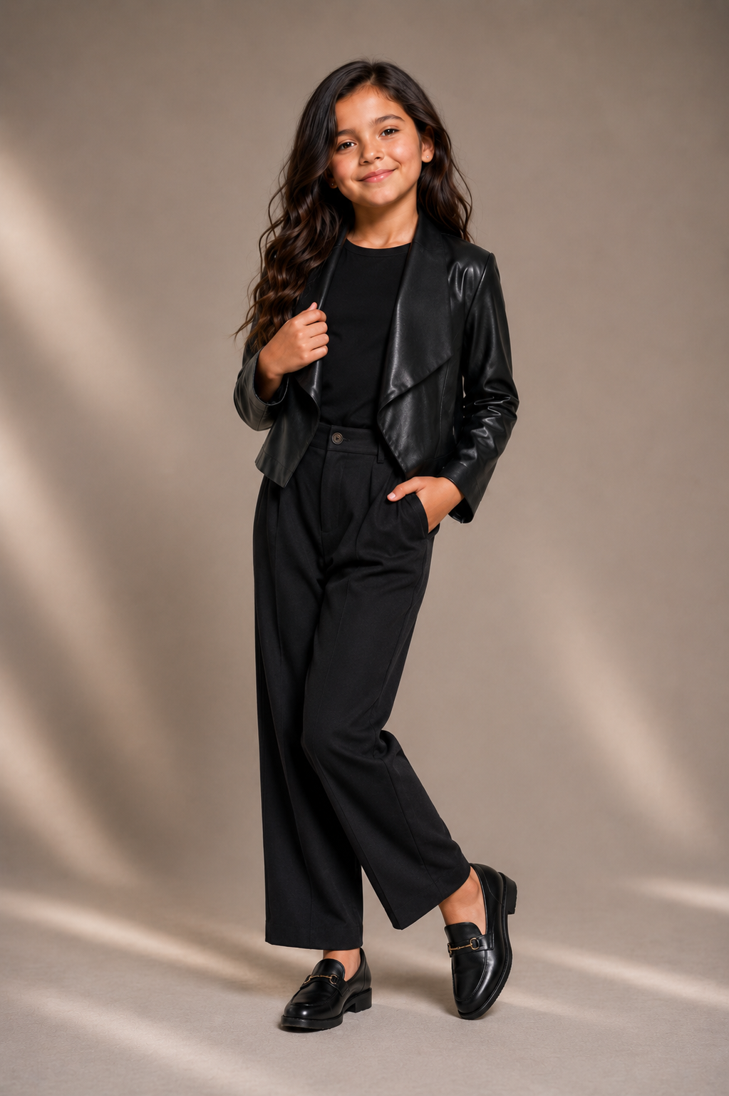 #1000976 Black PU Leather Waterfall Jacket