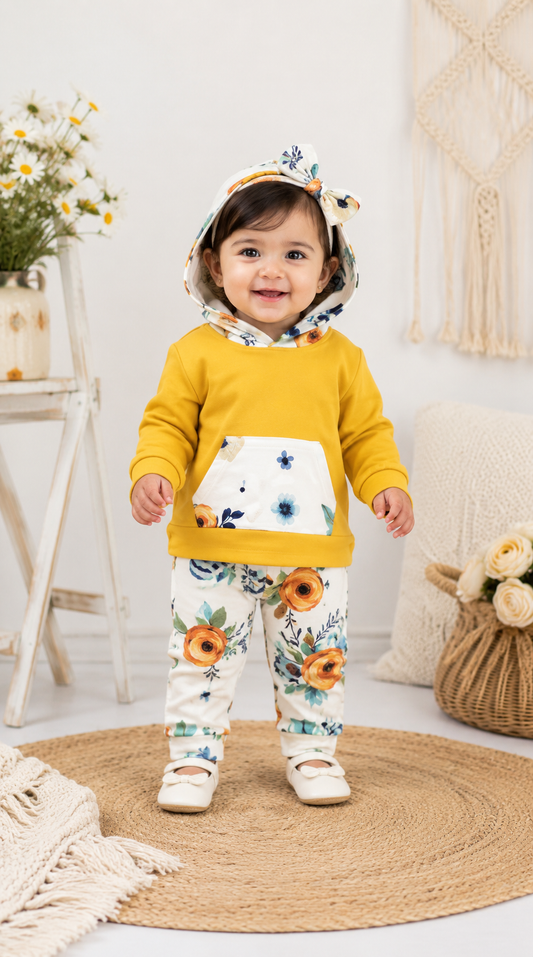 Floral Yellow Hoodie with Floral Pants and Headband #1000131