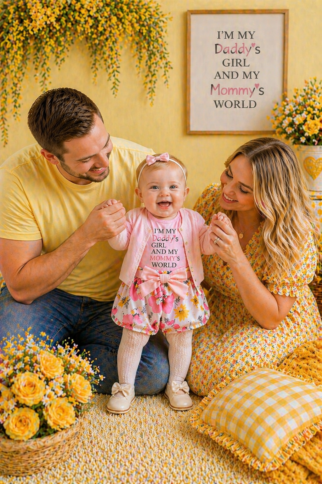 Daddy's Girl Mommy's World Pink Ruffle Romper with Floral Bloomer and Headband #1000874