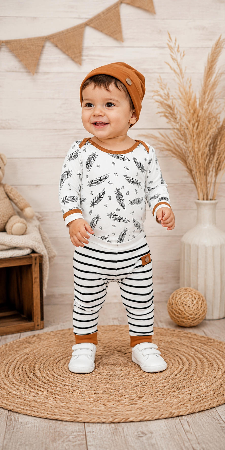 Feather Romper with Striped High Wasted Pants and Pumpkin Hat #20005