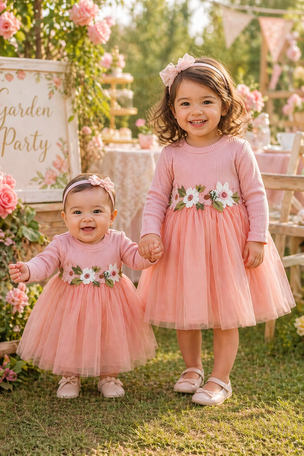 Pink Ribbed Long Sleeve Dress with Floral Design #1001017