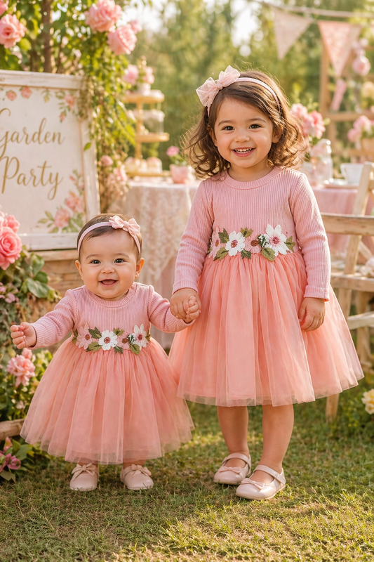 Pink Ribbed Long Sleeve Dress with Floral Design #1001017