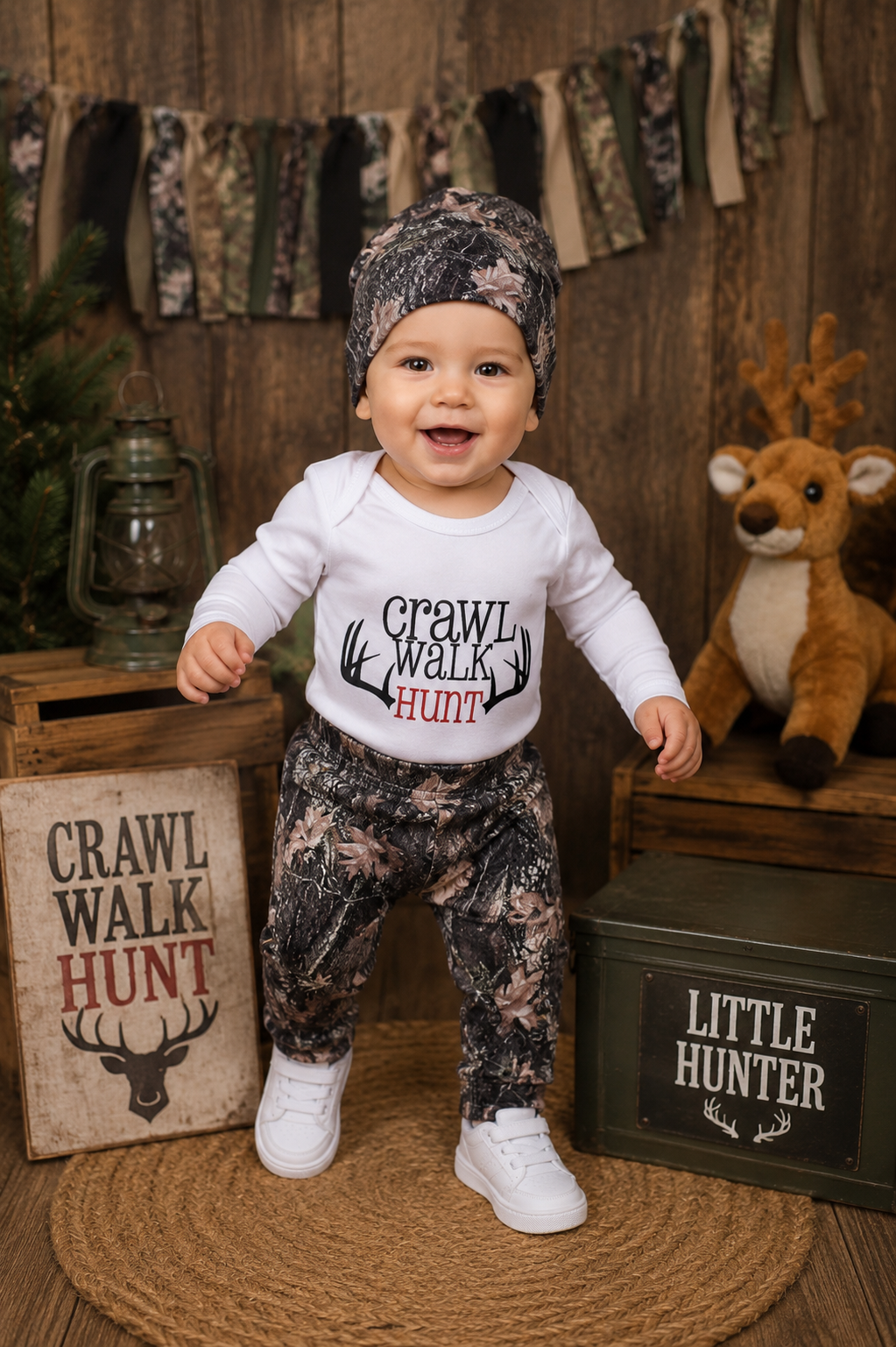 Crawl, Walk, Hunt Romper with Camo Pants and Beanie #2000127