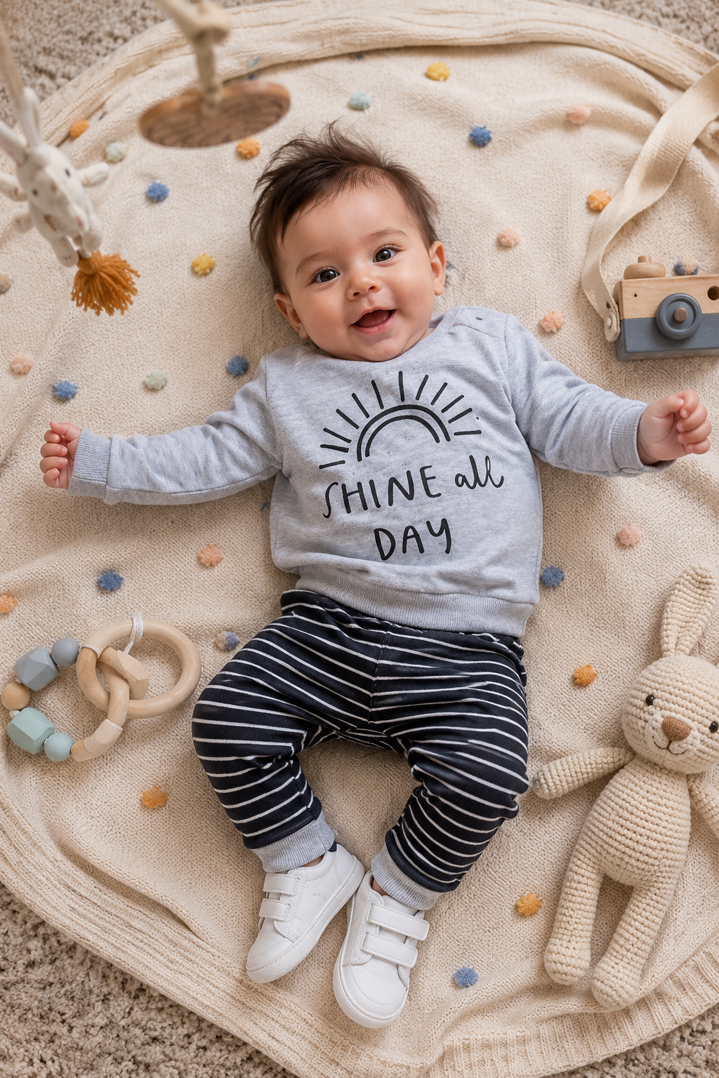 Shine All Day Gray Crewnek Top and Striped Pants #2000339