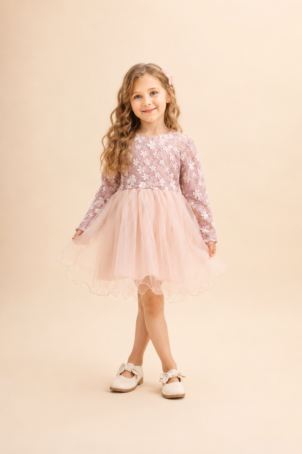 Dusty Pink Long Sleeve Floral Dress #1001111