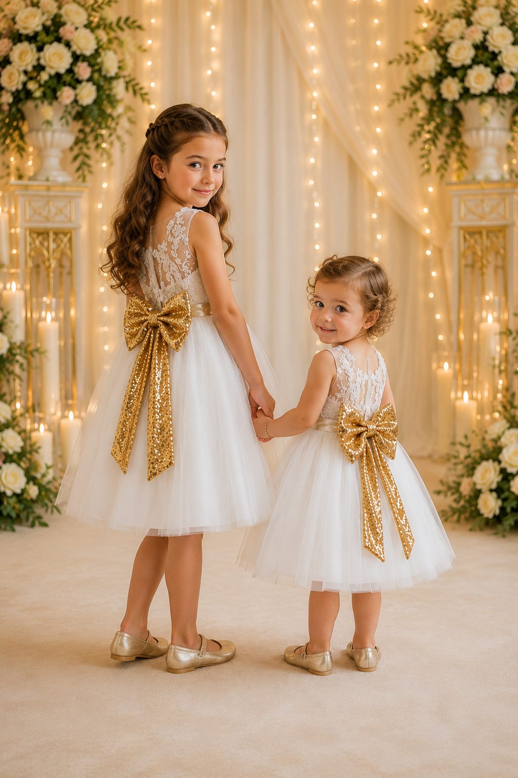 White Lace Tutu Dress with Gold Sequins Bow #1000314