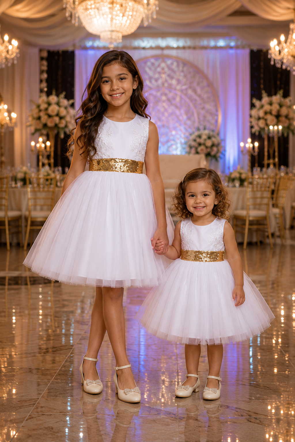 White Lace Tutu Dress with Gold Sequins Bow #1000314