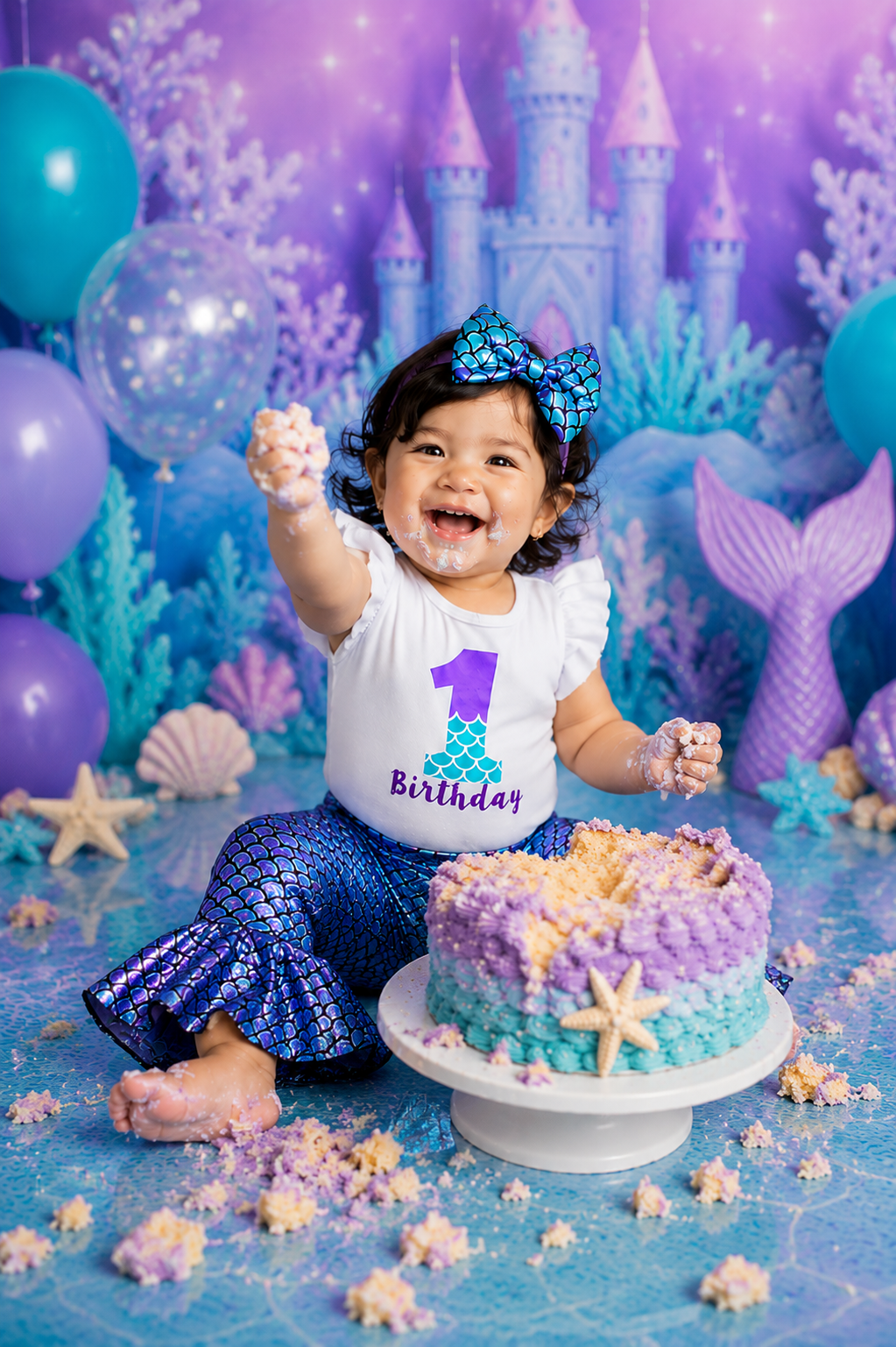 First Birthday Ruffle Sleeve Romper with Mermaid Bell Bottoms and Headband  #1000206