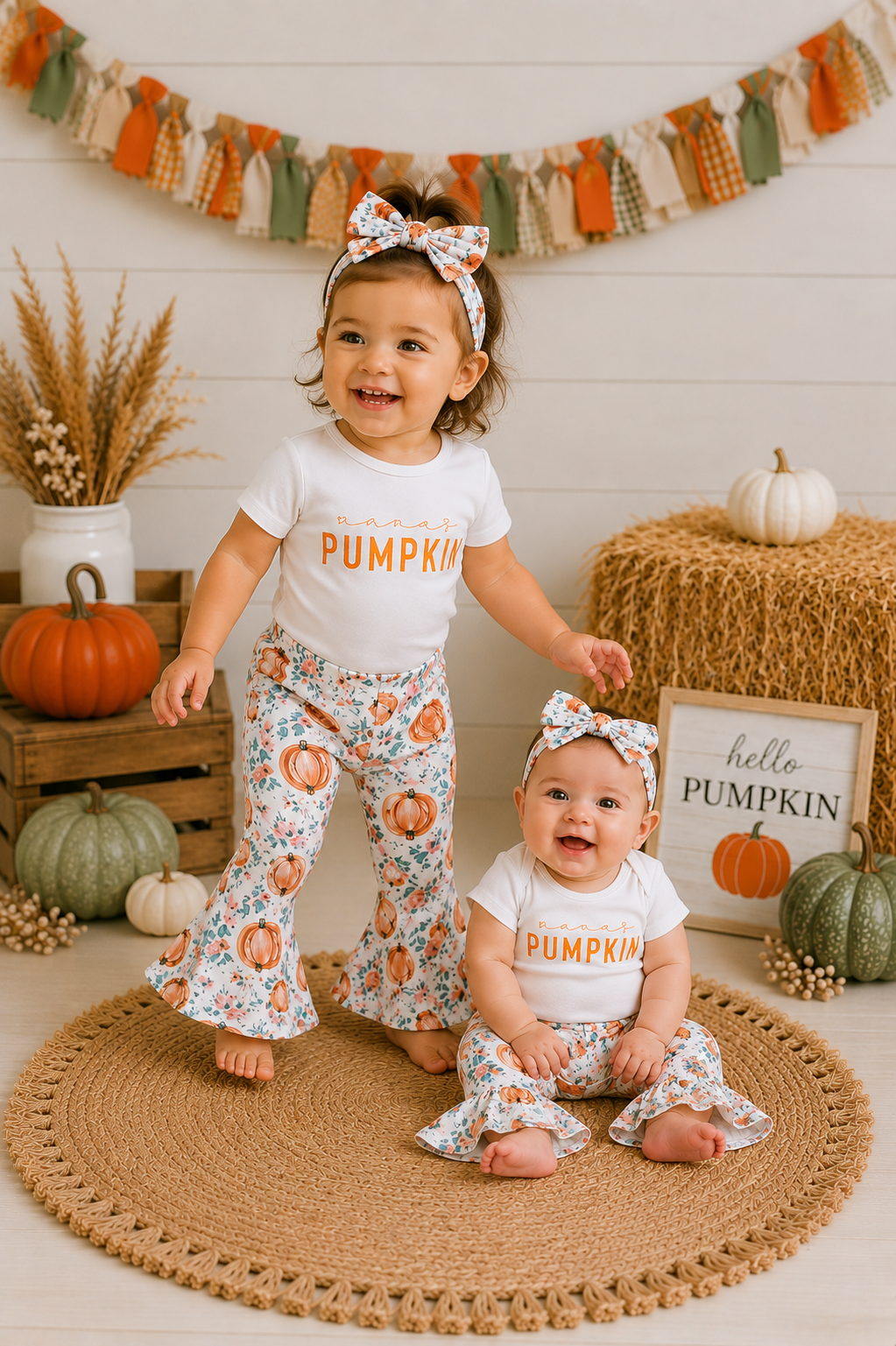Mama's Pumpkin Romper with Bell Bottoms and Headband #100096