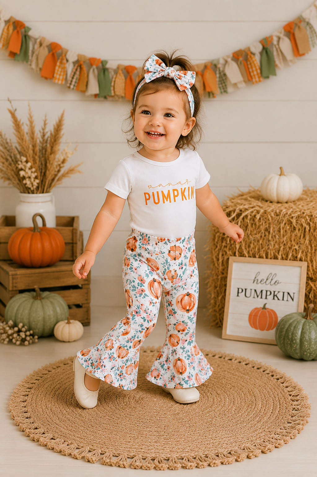 Mama's Pumpkin Romper with Bell Bottoms and Headband #100096