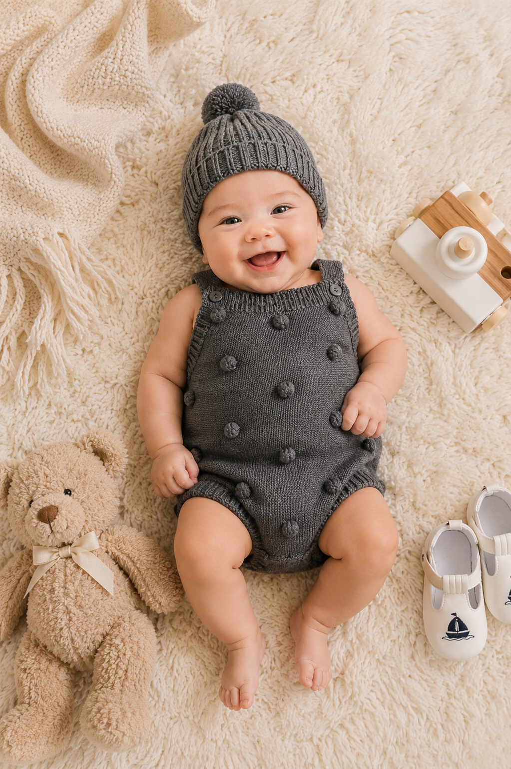 #1000890 Gray Popcorn Knitted Romper