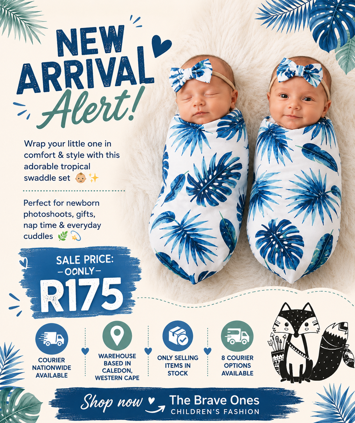 Blue Monstera Leaf Swaddle Bag and Headband #4000241