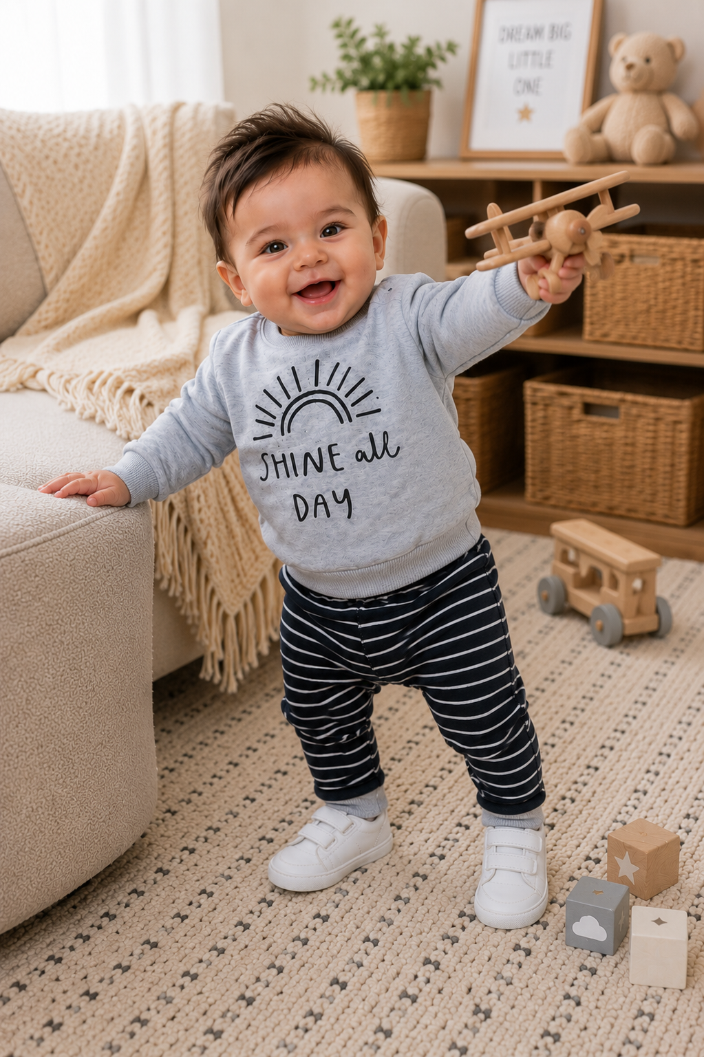 Shine All Day Gray Crewnek Top and Striped Pants #2000339