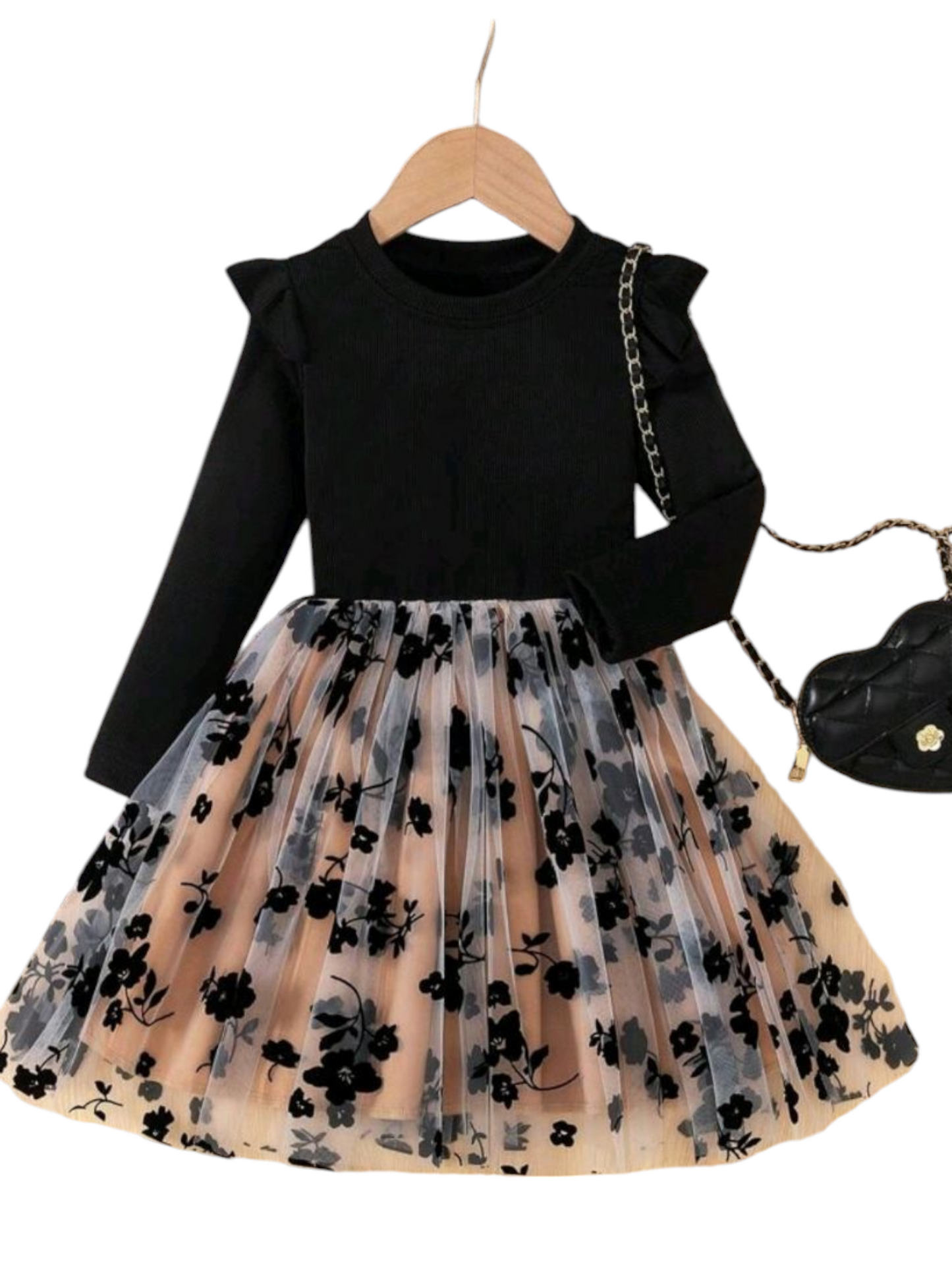 Black and Champagne Floral Long Sleeve Dress #1000346