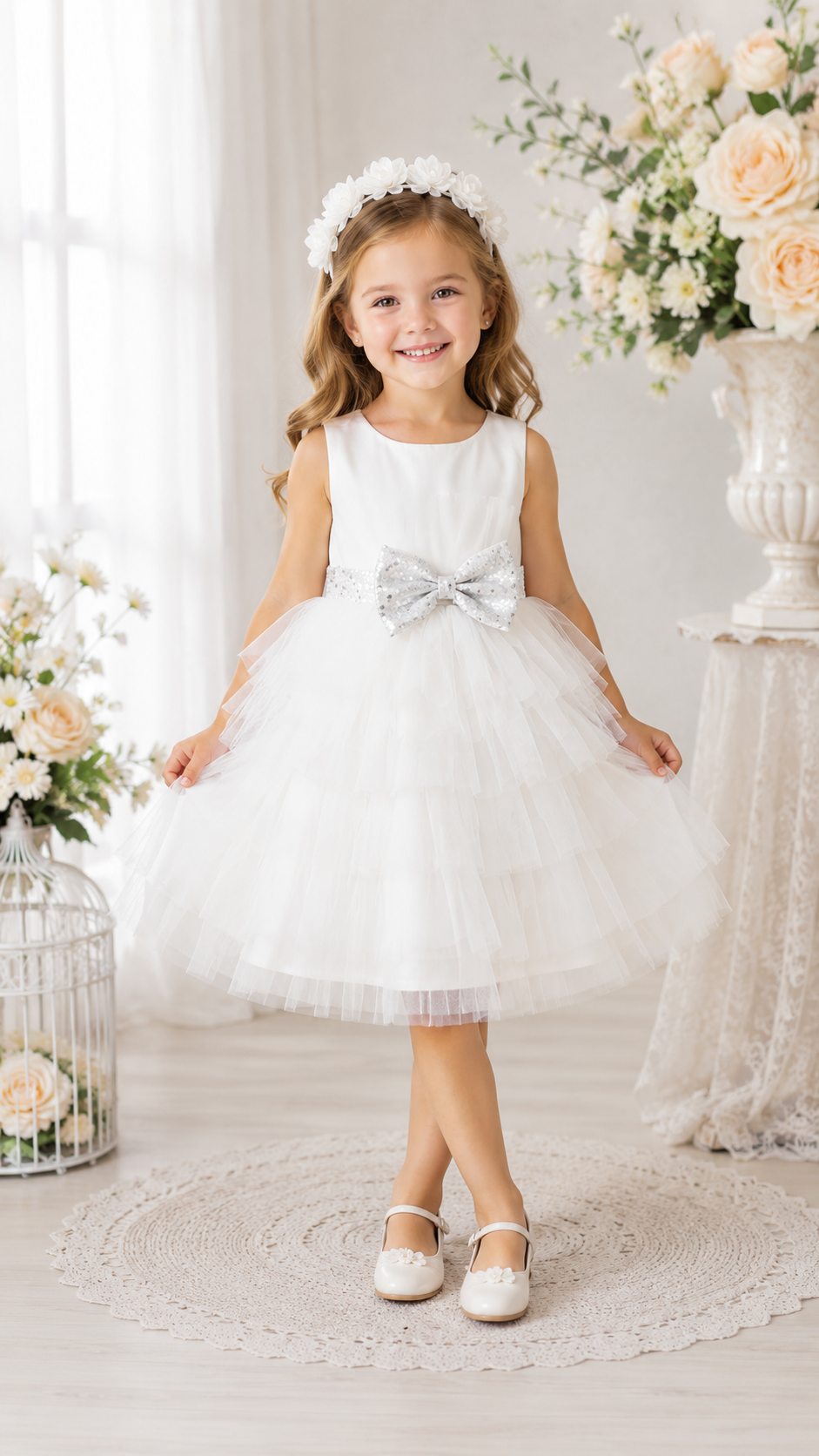 White Special Occasions Dress with Silver Sequins Bow #1000306