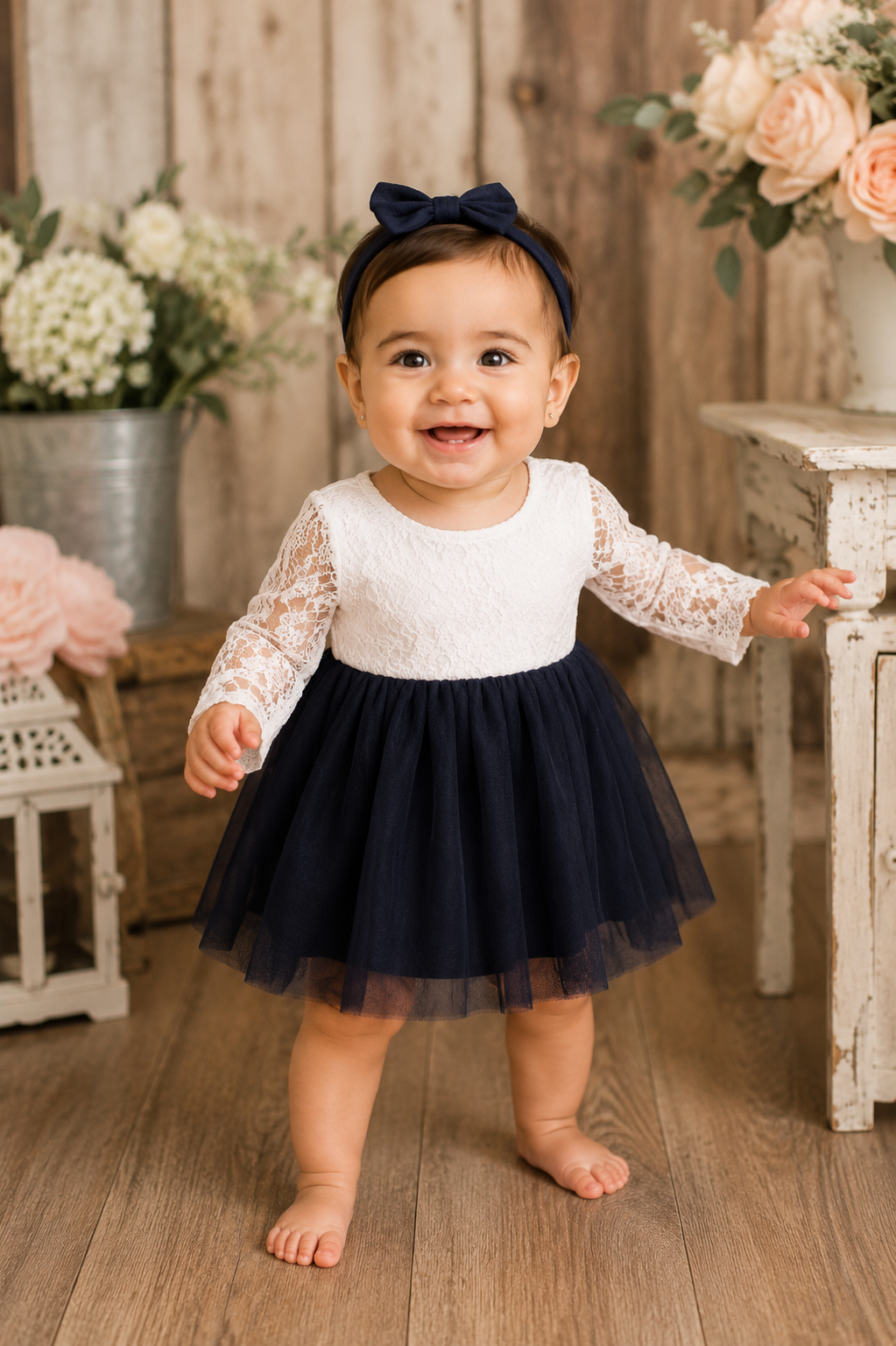 Navy and White Long Sleeve Lace Dress #900034