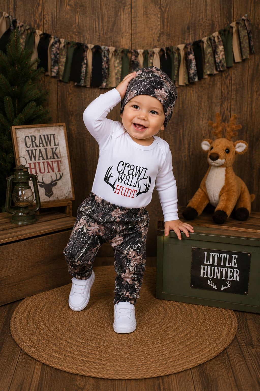 Crawl, Walk, Hunt Romper with Camo Pants and Beanie #2000127
