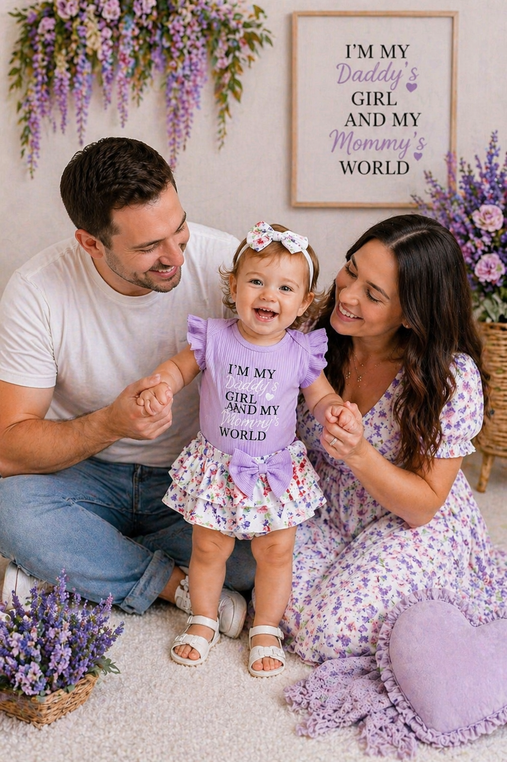 Daddy's Girl Mommy's World Purple Ruffle Romper with Floral Bloomer and Headband  #1000860