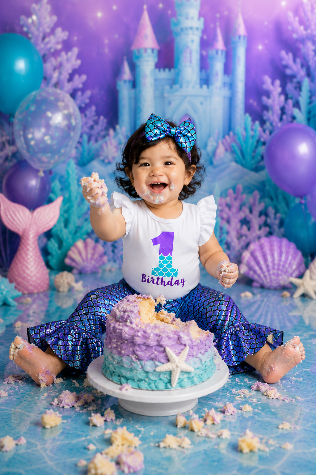 First Birthday Ruffle Sleeve Romper with Mermaid Bell Bottoms and Headband  #1000206