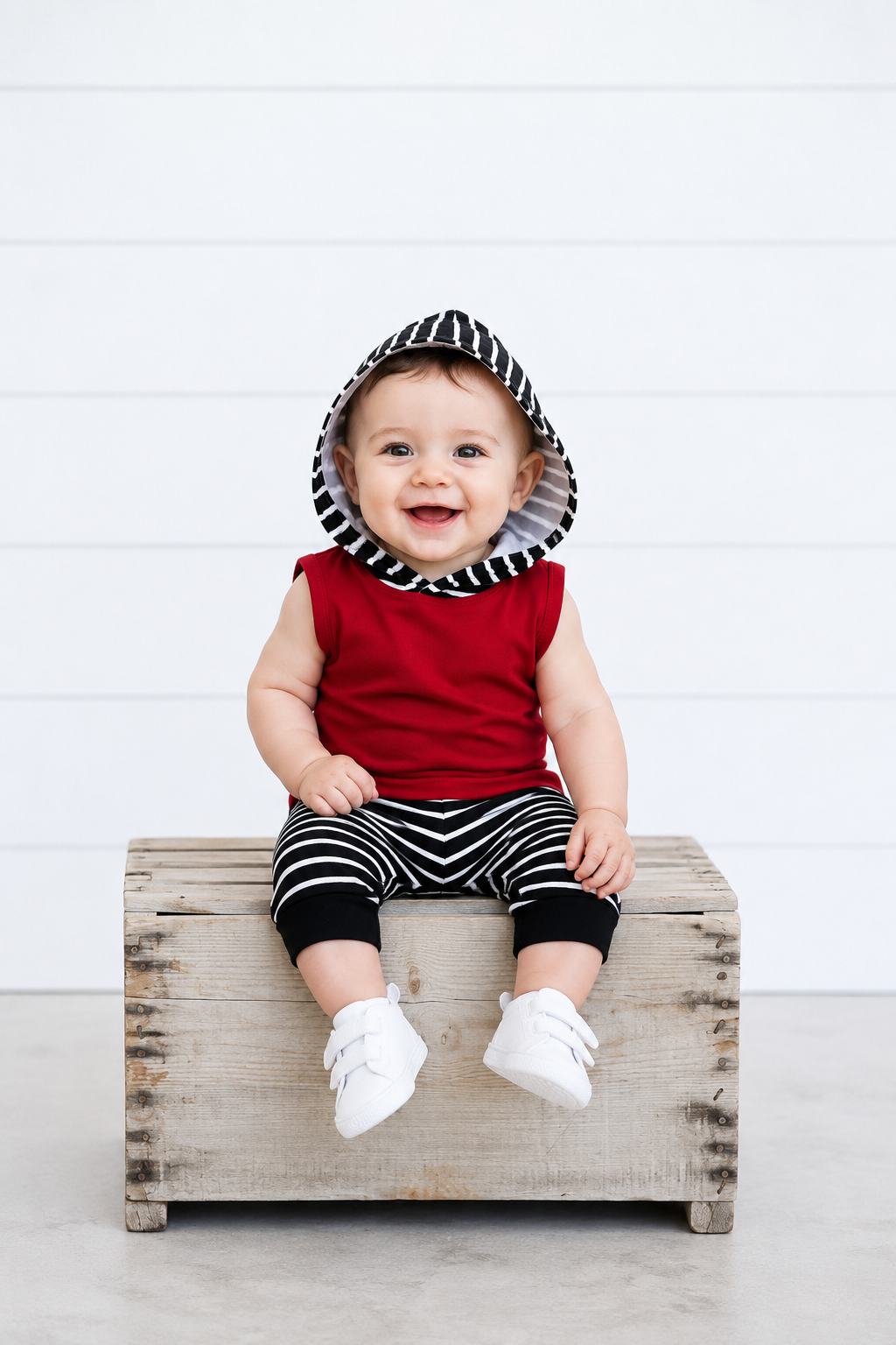 Burgundy Hoodie Sleeveless Top and Striped Shorts #2000139