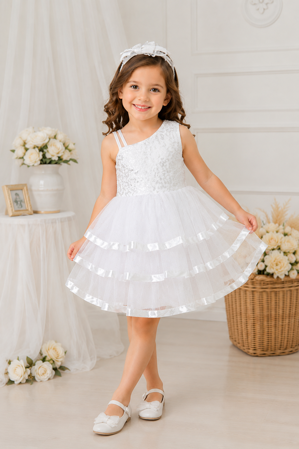 White Ruffle Silver Sequins Special Occasions Dress #1000276