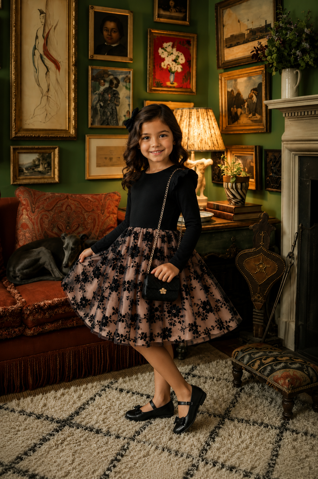 Black and Champagne Floral Long Sleeve Dress #1000346