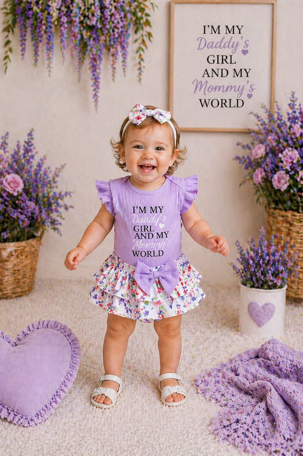 Daddy's Girl Mommy's World Purple Ruffle Romper with Floral Bloomer and Headband  #1000860
