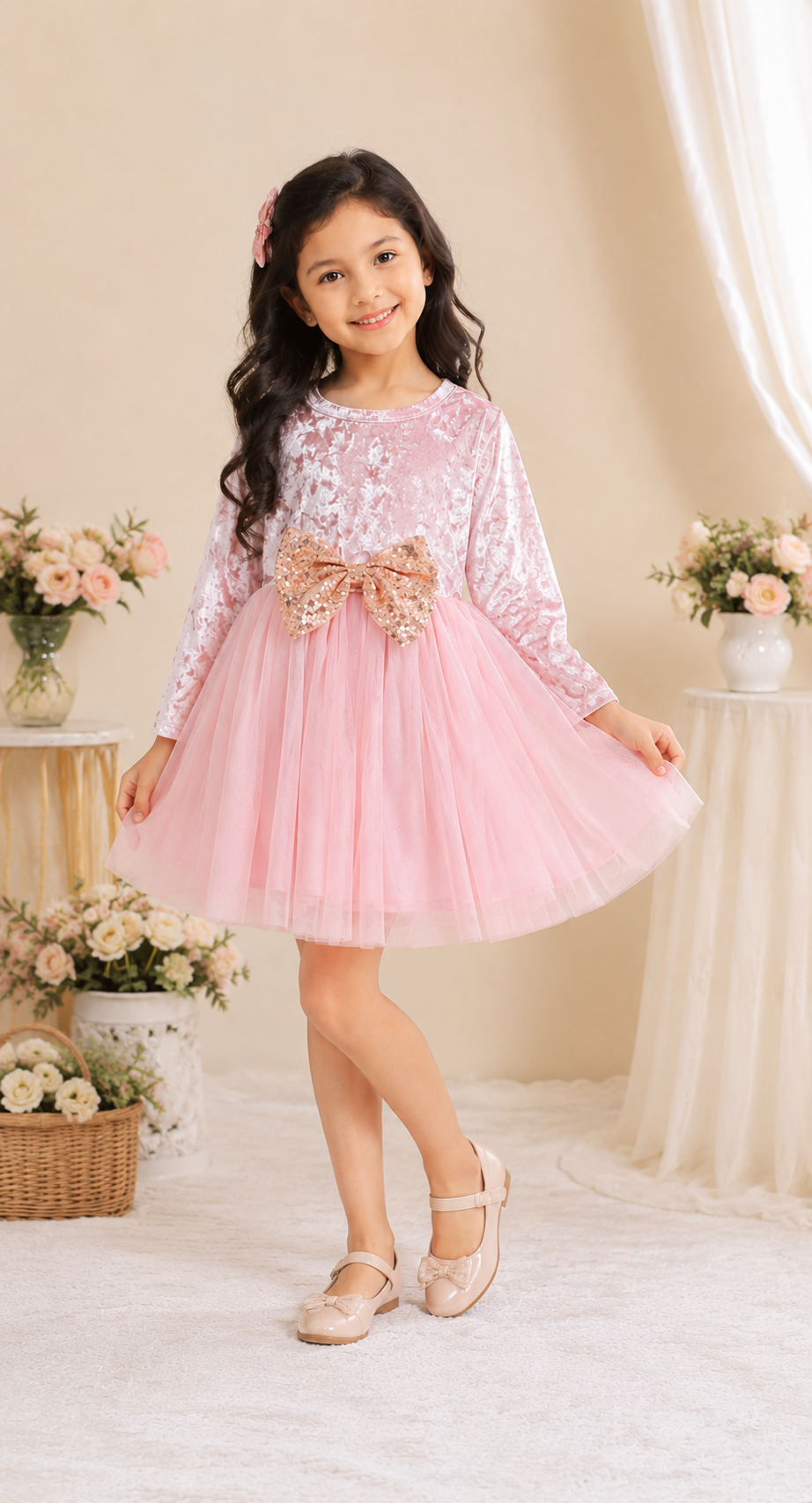 Pink Velvet and Mesh long Sleeve Dress #10020041