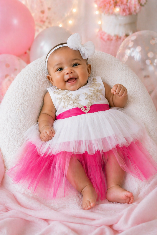 White Dress  with Cerise Pink Tulle Train #9000119