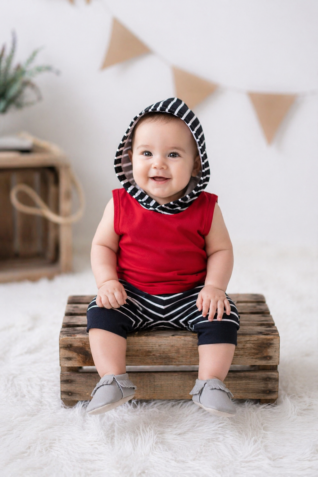 Burgundy Hoodie Sleeveless Top and Striped Shorts #2000139