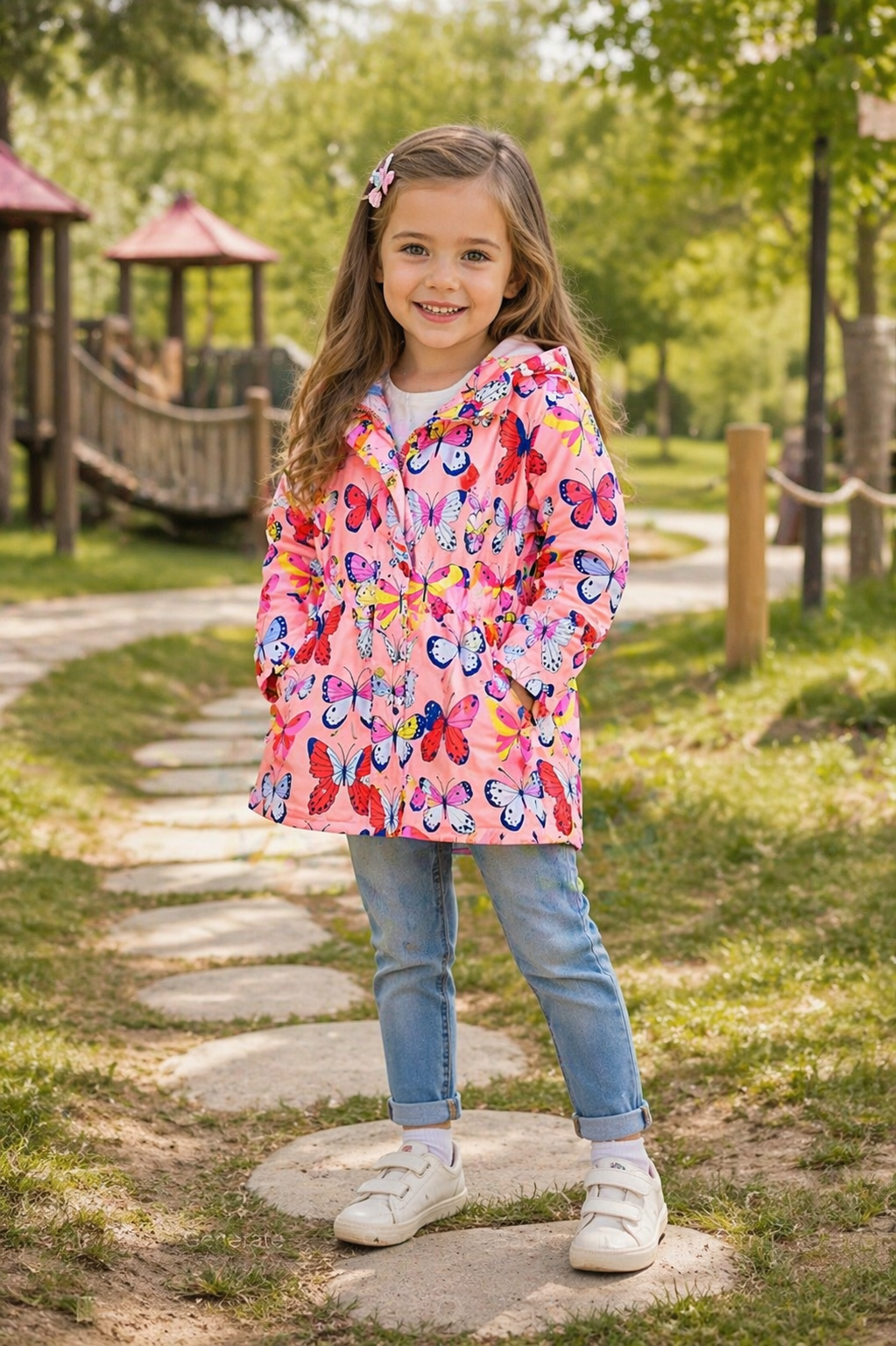 Peachy Pink Hooded Butterfly Windbreaker Coat #1000237