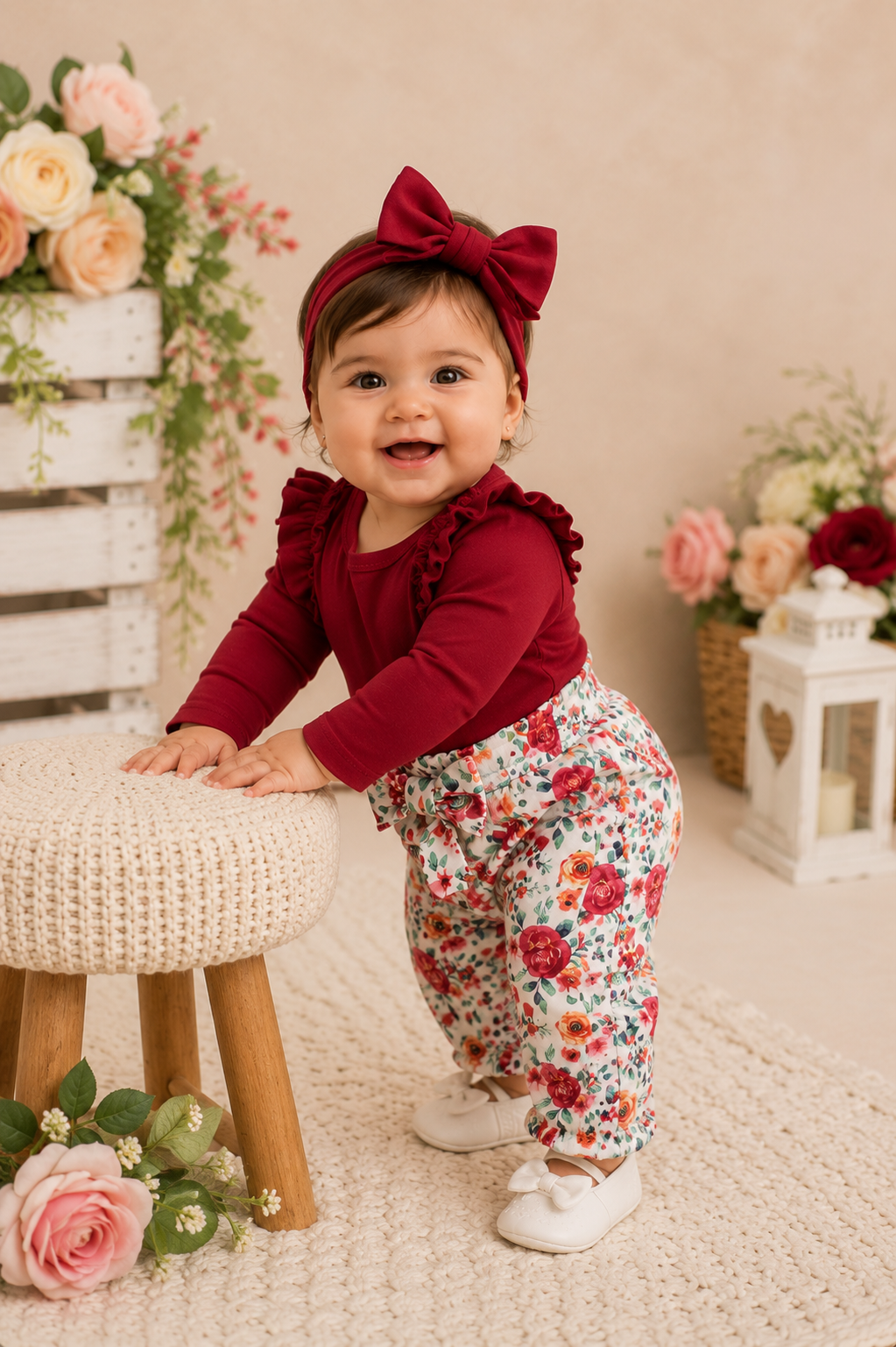 Maroon Long Sleeve Romper with Floral Bowknot Pants and Headband #1000878
