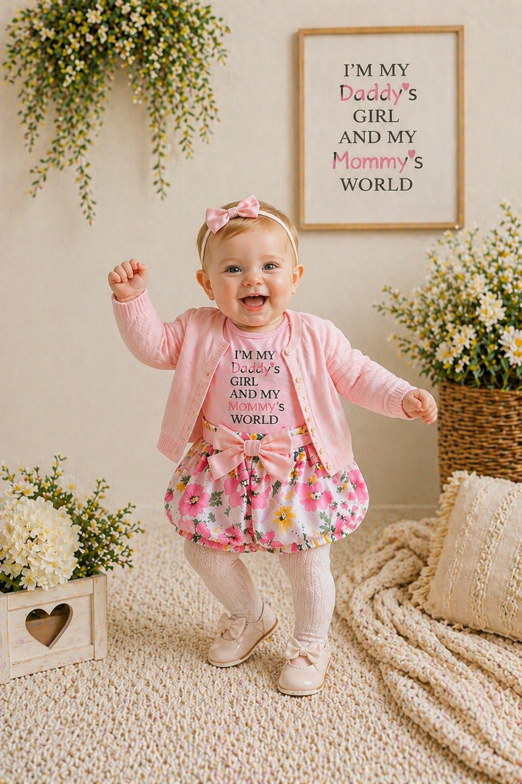 Daddy's Girl Mommy's World Pink Ruffle Romper with Floral Bloomer and Headband #1000874