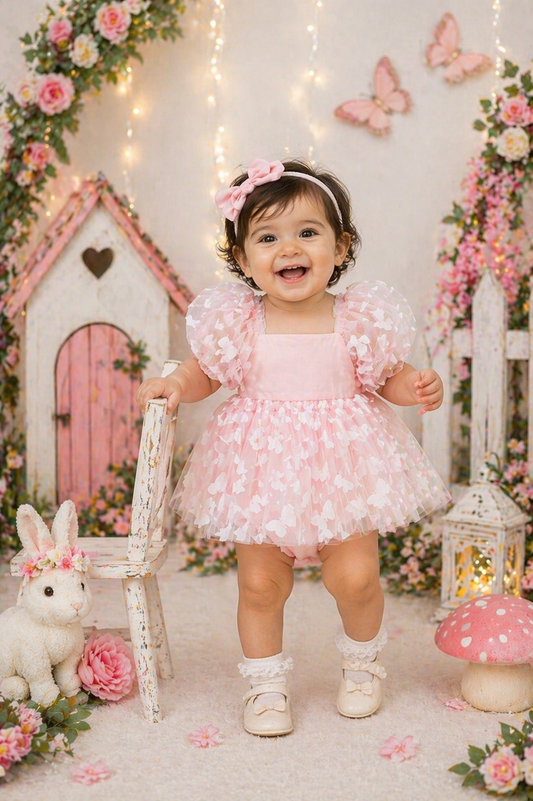 Pink Butterfly Puffy Sleeve Romper Dress #1001160