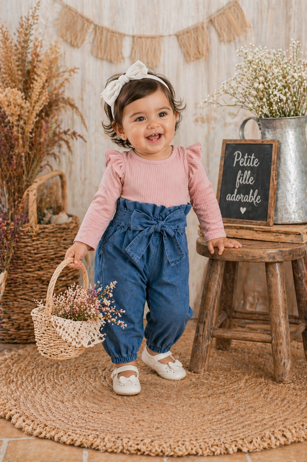 Ribbed Pink Long Sleeve Romper and Bowknot Denims #10006