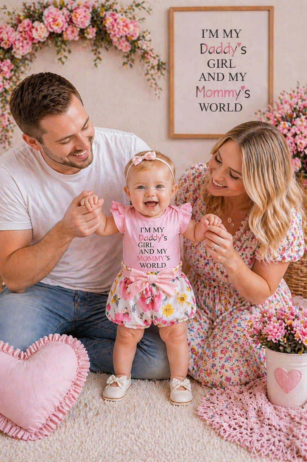 Daddy's Girl Mommy's World Pink Ruffle Romper with Floral Bloomer and Headband #1000874