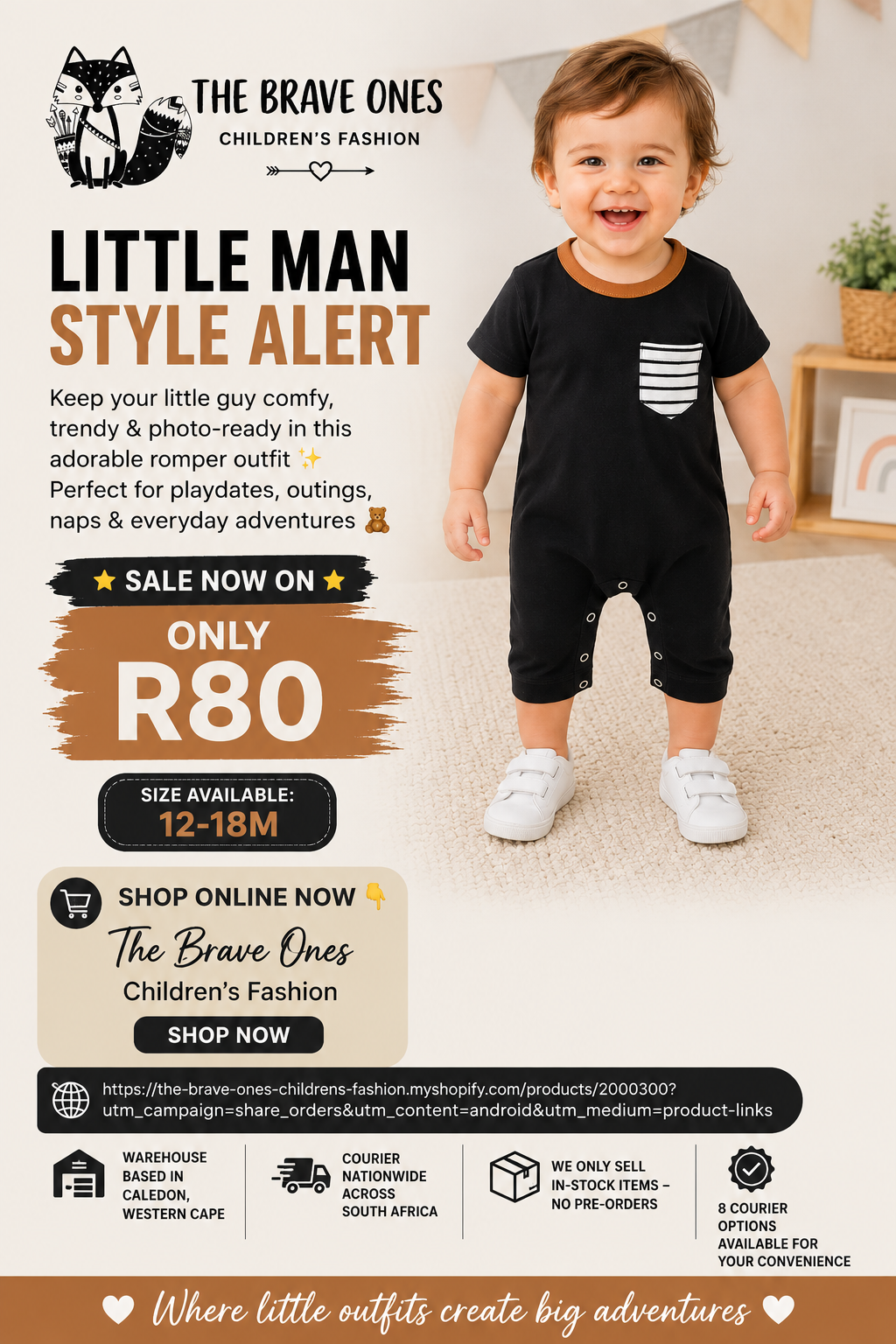 Black Romper with Striped Pocket and Caramel Crewneck, Gender Neutral #2000300